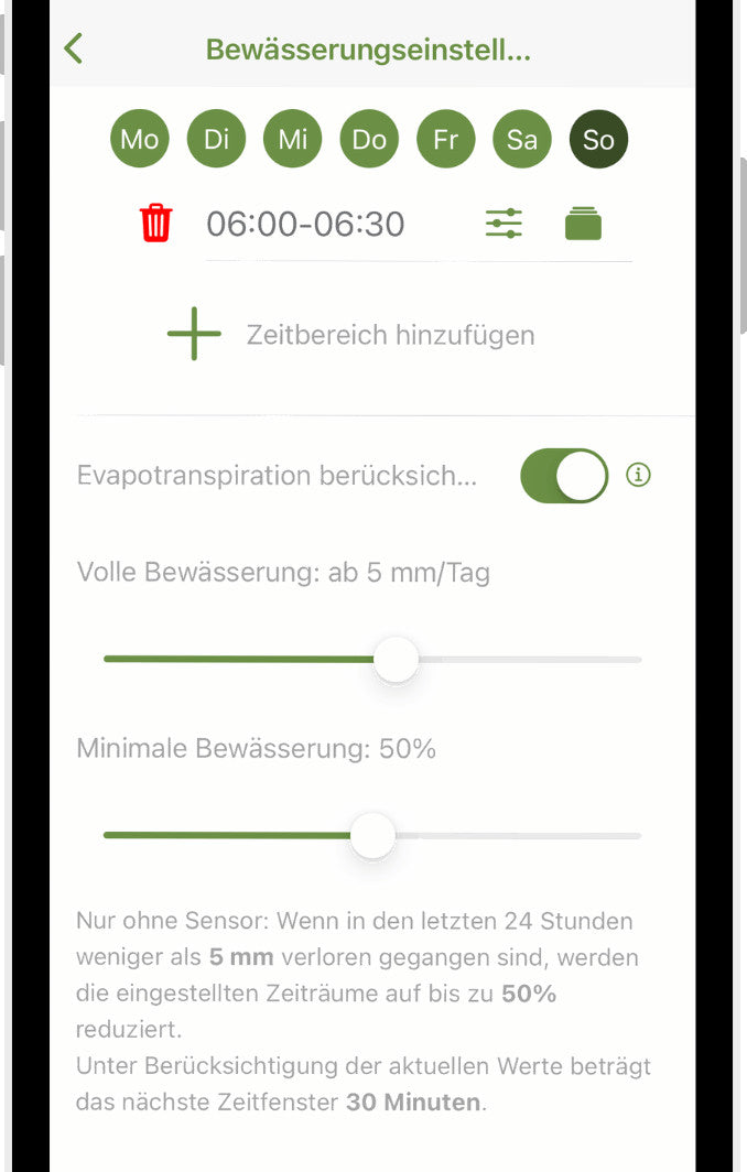 Screenshot aus der MIYO APP zum Setzen der Bewässerungseinstellungen mit Evapotranspiration.