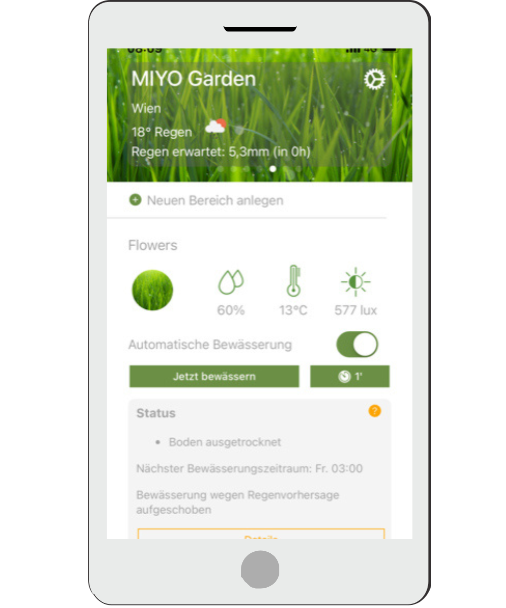 Screenshot aus der MIYO App, wenn die Bewässerung wegen Regens verschoben wrd.