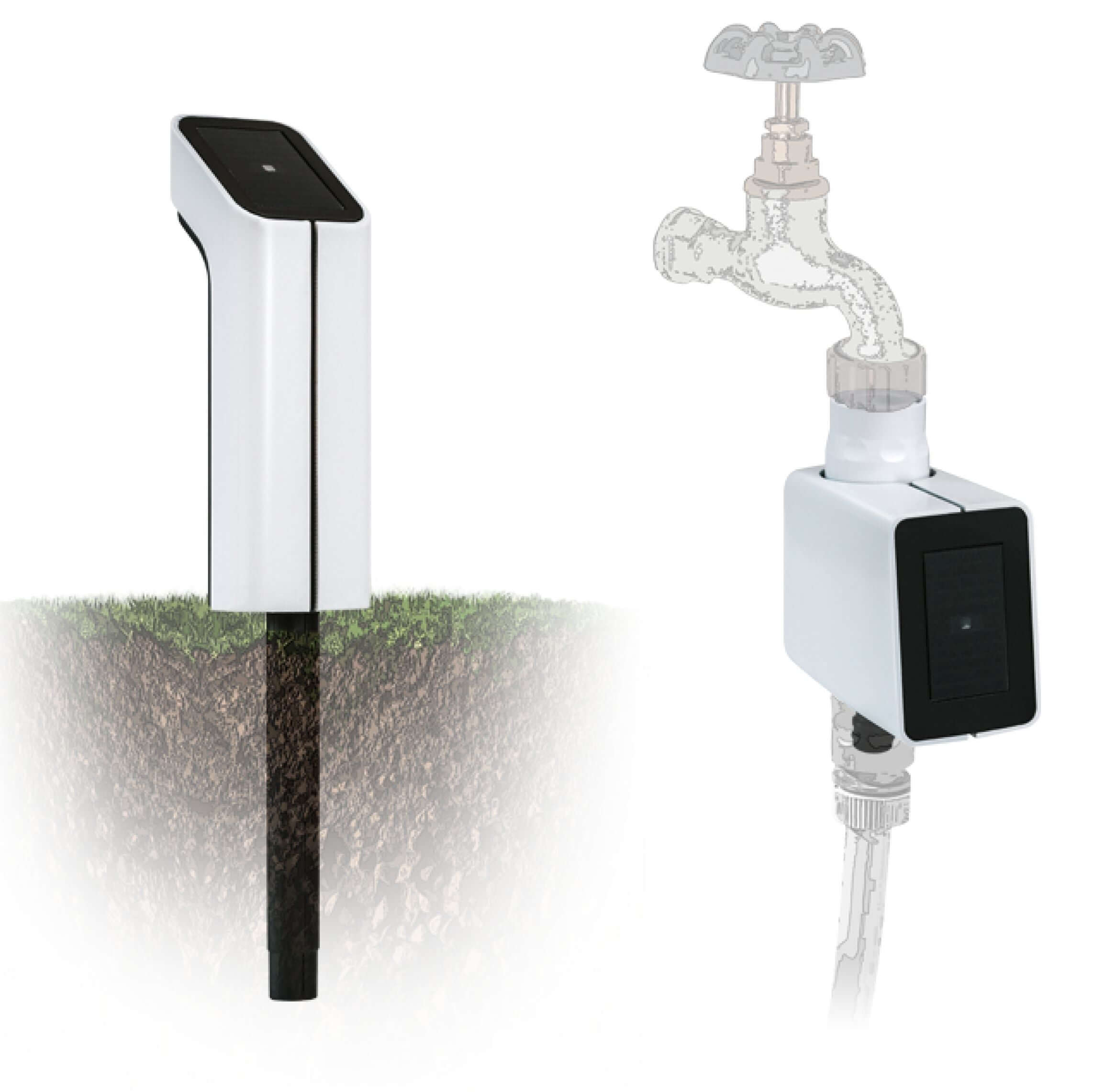 Schematische Darstellung vom MIYO Sensor in der Erde und vom Ventil am Wasserhahn