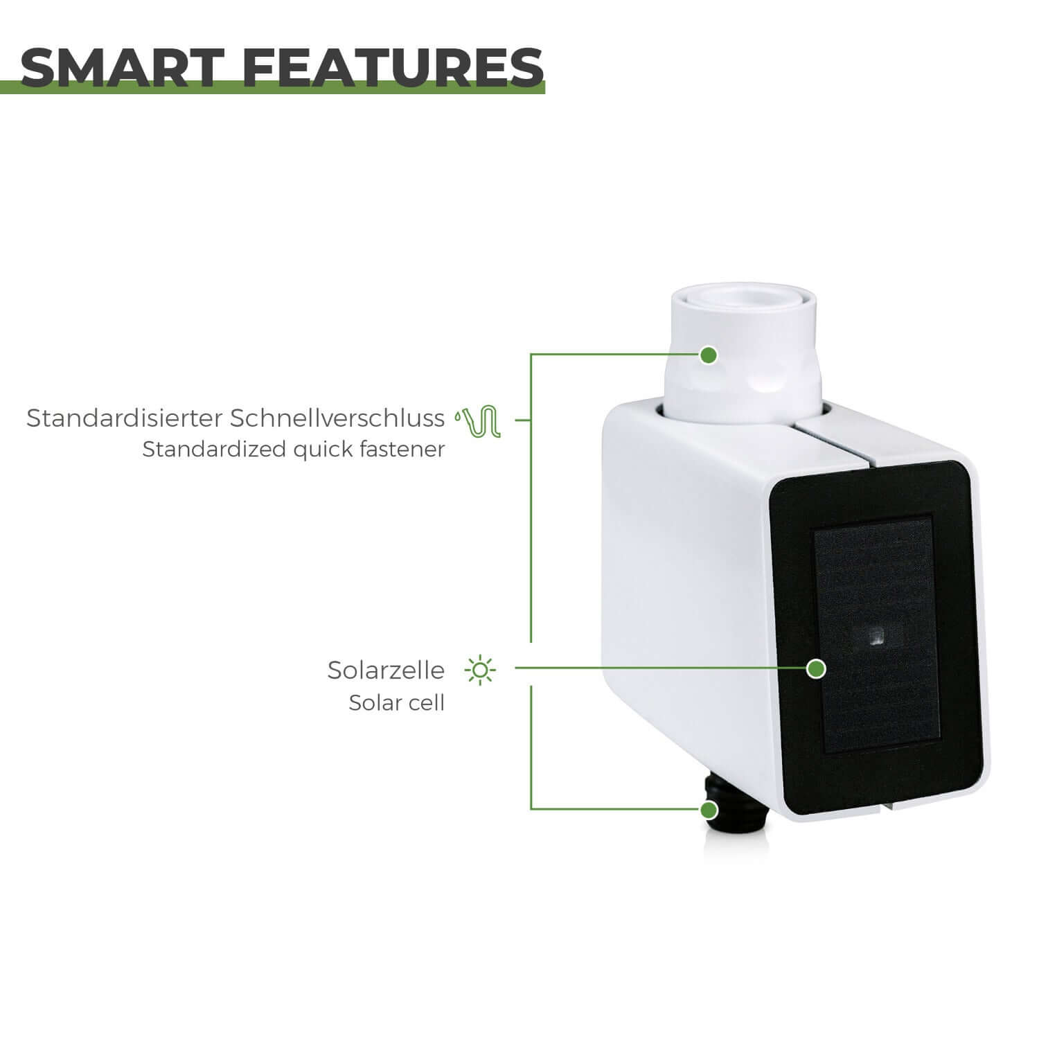 MIYO Ventil 1V-Q für das smarte MIYO Bewässerungssystem mit standardisiertem Schnellanschluss und Solarzelle für Solarladung