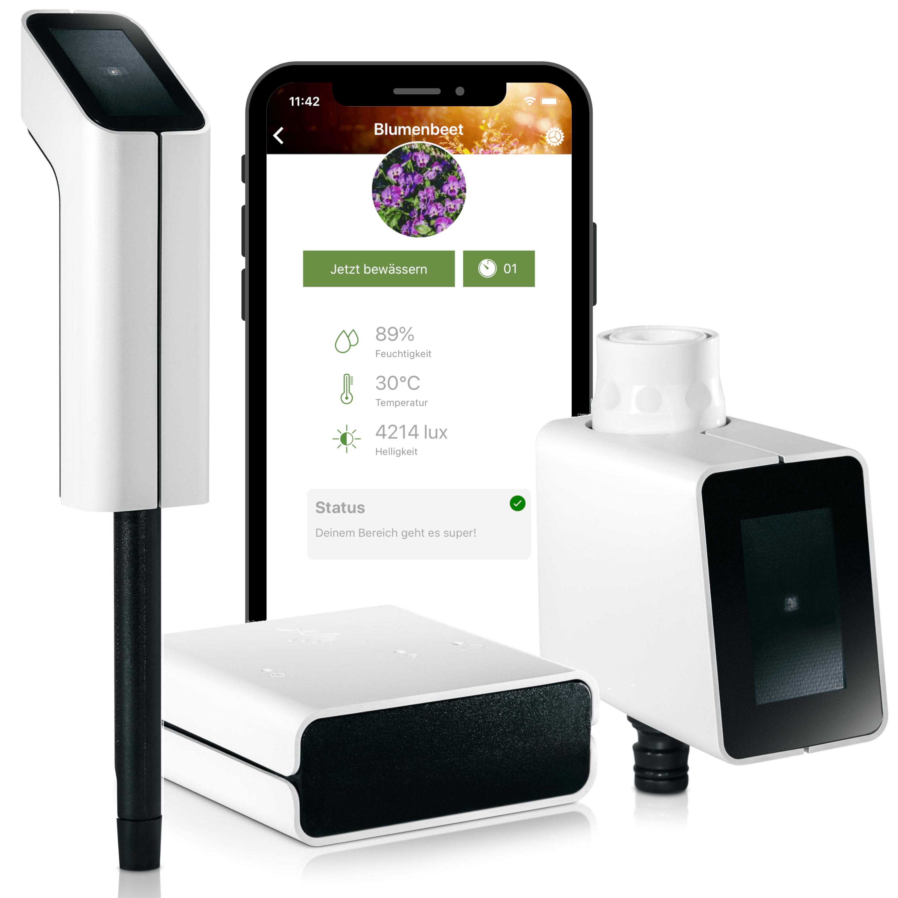 MIYO Starter Set 1V-Q für ein smartes Bewässerungssystem mit einem Bewässerungskreis bestehend aus MIYO Cube, Sensor S2 und Ventil 1V-Q